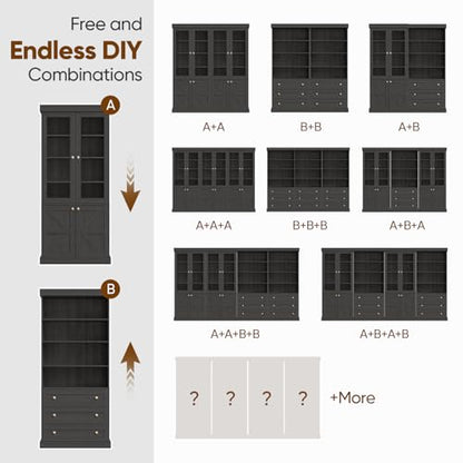 Vyre 71" Tall Farmhouse Bookshelves with Glass Doors and Drawers, Set of 2 – Large Modular Bookcase with Adjustable Shelves, Storage Cabinet for Living Room, Kitchen, Black - color: Black