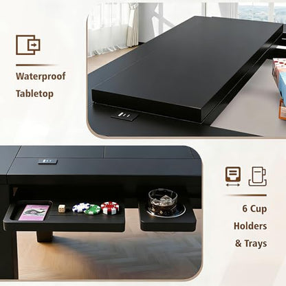 Haddockway Solid Wood Board Game Table with Colorful Led Lights, Dining/Gaming Table for 4-6 Players with Charge Station,Removable Top, Play Mat, 6 Cup Holders & Trays (Black) - color: Solid Wood Black With Led Light