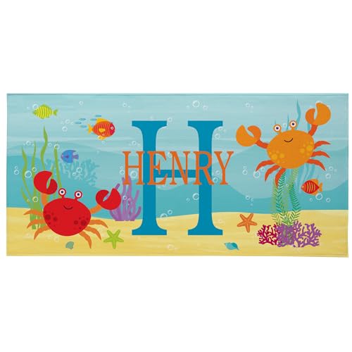 Let's Make Memories Personalized Kids Beach Towel - Custom Pool Towel - Monogram & Name with Fun Beach Designs - Soft Cotton/Poly Blend - 70"x35" - Oversized - Crab - color: Name + Initial - Crab, size: Oversized