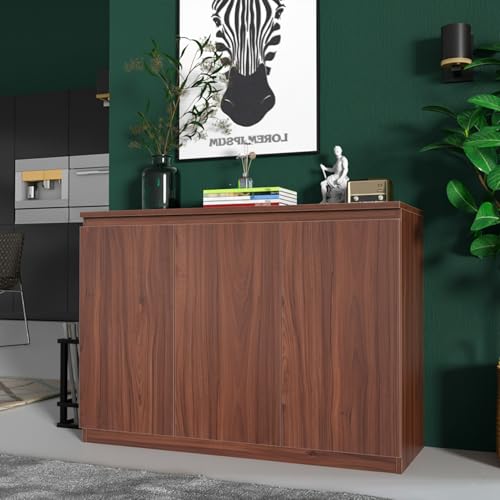 holzart 43" Walnut Brown Buffet Cabinet Sideboard with Storage - Modern 3-Door Wood Grain Kitchen Cupboard & Coffee Bar Station for Dining Room, Living Room - Adjustable Shelf, 43.3" W x 31.5" H - color: Brown