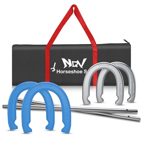 NQV Horseshoe Outdoor Game Set –Horse Shoe Game Kit,Sports Horseshoes Sets, Includes 4 Steel Horseshoes, 2 Metal Stakes & Carry Bag – Perfect for Lawn, Backyard, or Tailgating - color: Silver & Blue