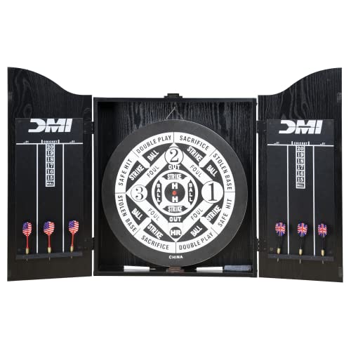 DMI Americana Dartboard Cabinet Set with 18-Inch Paper Dartboard, Reversible Baseball Game, Built-in Cricket Scoring, Darts, Chalk & Mounting Hardware – Classic Black Finish