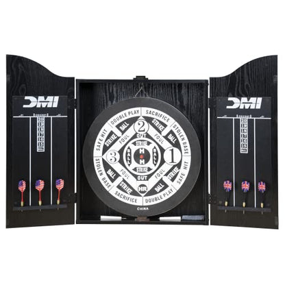 DMI Americana Dartboard Cabinet Set with 18-Inch Paper Dartboard, Reversible Baseball Game, Built-in Cricket Scoring, Darts, Chalk & Mounting Hardware – Classic Black Finish