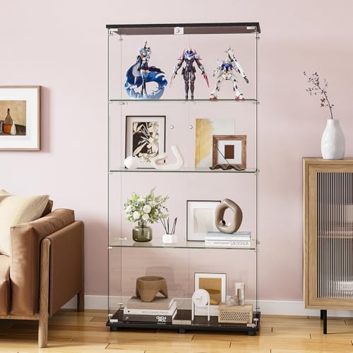 Glass Display Cabinet with 4-Shelf Double Doors and Lock, 5mm Tempered Glass Floor Standing Bookshelf for Living Room, Bedroom, Office, 64 x 31.7 x 14.3 in, Black - size: 64 x 31.7 x 14.3 in -4-Tier