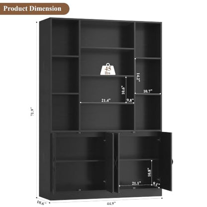 HOSTACK 72” Tall Book Shelf and Bookcase, White Bookshelf with Storage Cabinet, 45” Wide Bookcase with 4 doors, Standing Display Shelves, Modern Farmhouse Book Case for Living Room, Home Office, Black - color: Black
