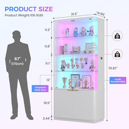 Dystler 71" Locking Glass Display Cabinet, 6-Tier Curio Case with RGB Light | Key Lock, Tempered Glass Shelves, RGB Motion-Sensor Lights, App Control, Curved Safety Edges, for Trophies & Figures - color: White