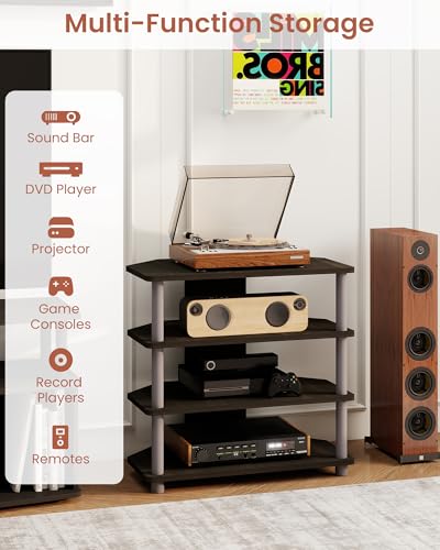 Game Console Stand, 4-Tier Small Entertainment Stand with Open Shelves, Media Center for Bedroom Dorm Living Room, Fits TV up to 32” - color: Espresso/Grey