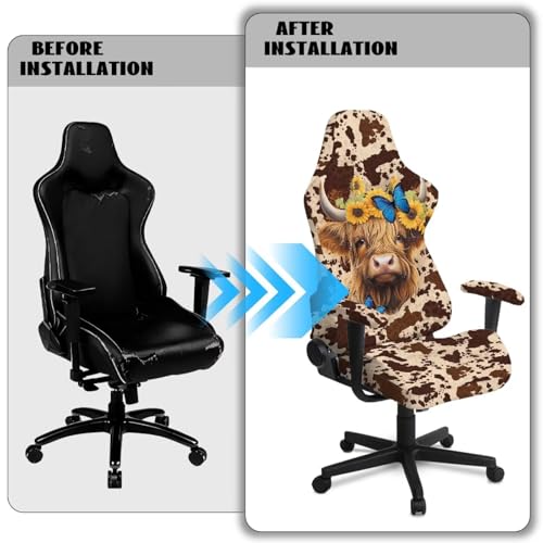 Suobstales Highland Cattle Butterfly Sunflower Pattern Gaming Chair Covers with Armrest Covers Office Desk Chair Cover Computer Chair Cover Stretch Gamer Chair Slipcovers Cat Scratch Proof - color: Highland Cattle Butterfly Sunflower