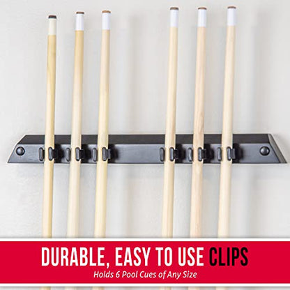 GoSports Wall Mounted Pool Cue Stick Holder - Holds 6 Billiards Cues and 2 Triangle Racks - Black - style: Black