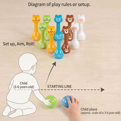 Mini Toddler Bowling Set Ages 1-5 with 10 Plastic Pins (5 Forest Animals) and 2 Balls, Lightweight Indoor Montessori-Inspired First Birthday Gift for Toddler Boys Girls