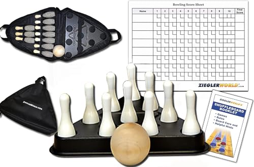 Zieglerworld Table Shuffleboard Bowling White Pins - Pinsetter - Rules Booklet - Score Chart - Carrier Bag & Wood Ball