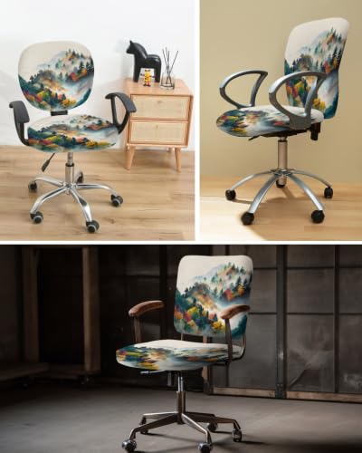 Savannan Office Chair Cover, Vintage Autumn Forest Tree on Linen Protective Stretch Elastic Universal Cover for Desk Task Chair,Computer Rotating Chair 1 Pcs Rustic Mountain Scenic