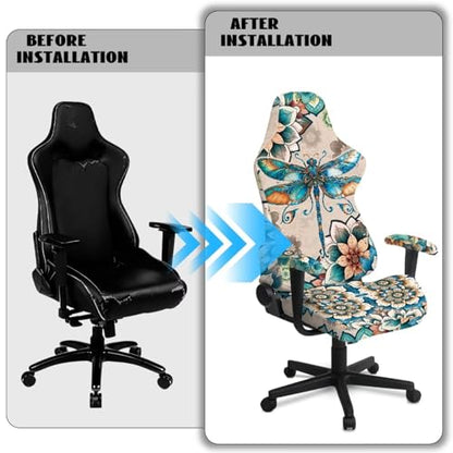 Dragonfly Print Gaming Chair Covers with Armrest Covers Boho Flower Print Computer & Gaming Chair Slipcover Universal Fit Office Desk & Racing Computer Gamer Chairs - color: Brown and Green - Dragonfly Boho Flower
