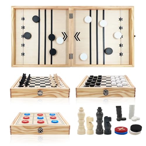 4 in 1 Wooden Fodable Fast Sling Puck Game Set – Chess, Tic Tac Toe, Checkers Board Game for Kids & Adults, Portable Tabletop Family Toy for Travel & Game Night