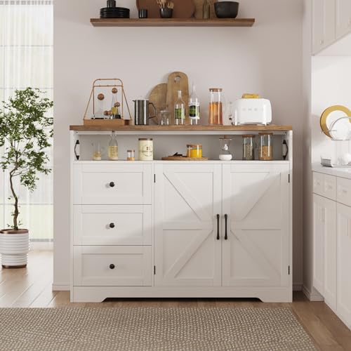 Befrases Farmhouse Buffet Cabinet with Drawers & Open Shelf, Sideboard with Storage, Kitchen Pantry Cabinet Hutch, Coffee Bar Station for Kitchen, Livingroom, 47" L White - color: Antique White