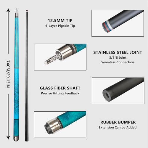 Glass Fiber Pool Cue with Case Canadian Maple Wood Pool Stick Low Deflection Cue Stick Pool Cue Kit with Case,Gloves,Tips and Extension - color: Blue
