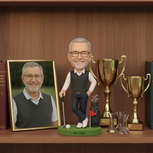Custom Golf Bobblehead – 6/7/8" Personalized Male from Photo, Semi-Custom Head or Full-Body, Handmade Soft-Clay Figure, Gift Box & Bag + Greeting Card, for Dad/Husband/Coach/Retired