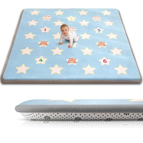 Baby Play Mat for Floor, 71'' x 59'' Thicken Foam Soft Padded Playmat for Tummy Time, Playpen Mat for Toddlers Infant Kids, Water-Repellent Coral Velvet, Non-Slip Bottom Safe for Crawling (Star) - color: Blue Star, size: 71"×59"×1.3"