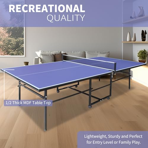 Ping Pong Table Foldable Indoor 8/8.5/9FT Single Player Playback Mode Game Set with Paddles and Balls - color: Blue-9x4.1FT