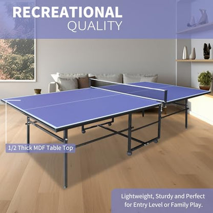 Ping Pong Table Foldable Indoor 8/8.5/9FT Single Player Playback Mode Game Set with Paddles and Balls - color: Blue-9x4.1FT