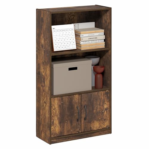 Furinno Gruen Book Shelf, 3-Tier Bookshelf, Bookcase with Open Shelf and 2 Doors Storage Cabinet, 9.3 x 21.8 x 39.5, for Organization and Storage, for Living Room, Bedroom, Home Office, Amber Pine - color: Amber Pine, size: 3-Tier with Cabinet