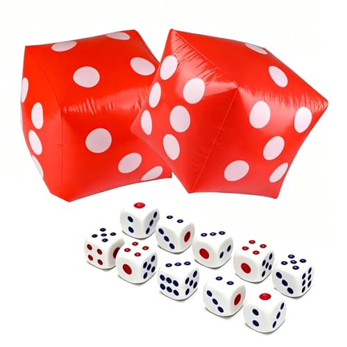 11.8" Jumbo Inflatable Dice, 2pack Outdoor Fun Giant Inflatable Dice Set and 12mm 10pcs Dice for Indoor and Outdoor Broad Game, Ludo and Pool Party (Red) | Includes 0.5 Inch 10 Pcs Dice, Indoor and Outdoor, For Broad Game, Ludo and Pool Party, Giant Infla
