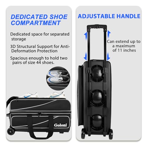 Goloni 3 Ball Bowling Bag with Wheels, Rolling Bowling Roller Bag with Retractable Handle for Balls & Bowling Accessories - color: 3 Ball-Black