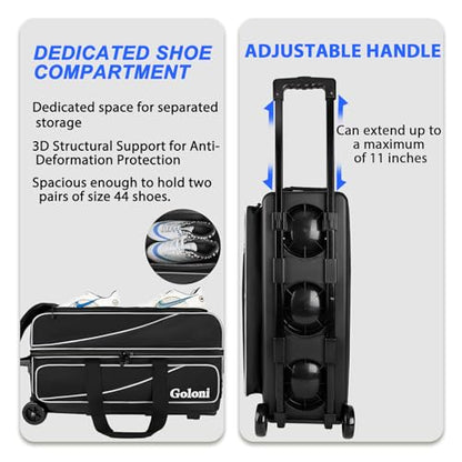 Goloni 3 Ball Bowling Bag with Wheels, Rolling Bowling Roller Bag with Retractable Handle for Balls & Bowling Accessories - color: 4 Ball-Black