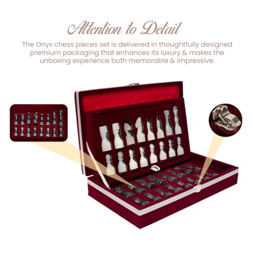 Handcrafted Premium Marble Chess Pieces Set – Elegant 32-Piece Replacement for 12-15 Inch Chess Boards Storage Box (Black and Onyx) - color: Black and Onyx