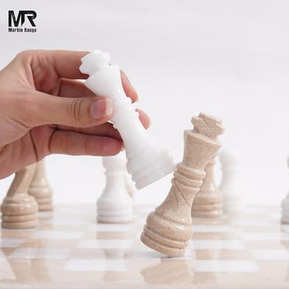 Marble Chess Pieces 3.5 Inch King Handmade Verona and White 32 Chess Figures for Board Games, Suitable for Travel Games - color: Verona and White