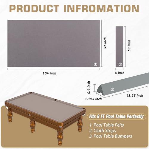 Pool Table Felt and Bumper Kit Felt for Billiard Cloth with Pool Table Bumpers and Cushions Facing, 6 Pcs Cloth Strips and Staple Remover - color: Grey, size: 8FT + 42'' Bumpers