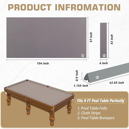 Pool Table Felt and Bumper Kit Felt for Billiard Cloth with Pool Table Bumpers and Cushions Facing, 6 Pcs Cloth Strips and Staple Remover - color: Grey, size: 8FT + 42'' Bumpers