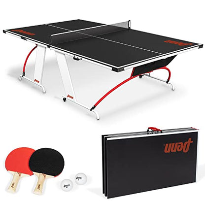 Penn Full-Size Ping Pong Table - Engineered Wood, Black/White/Red - Foldable Design for Portable Ping Pong Play - 15mm Laminated Surface for Precision Play - Table Tennis Set 40mm Balls & Paddles
