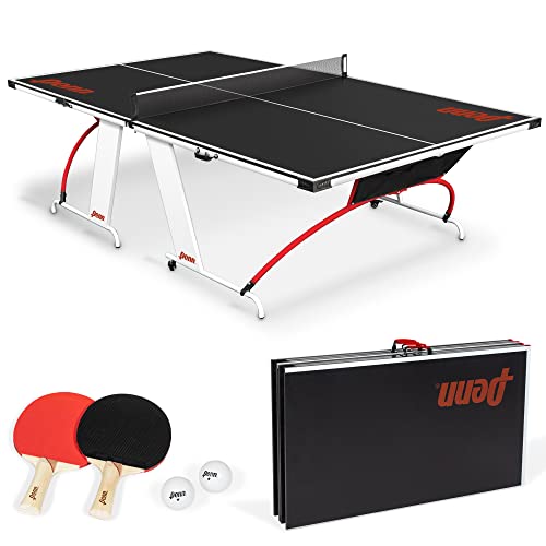 Penn Full-Size Ping Pong Table - Engineered Wood, Black/White/Red - Foldable Design for Portable Ping Pong Play - 15mm Laminated Surface for Precision Play - Table Tennis Set 40mm Balls & Paddles