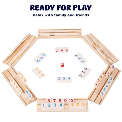 Rummy Cube Game Set 6 Player Edition with 6 Wooden Racks, 160 Large Number Tiles and Portable Zippered Case, Rummy Travel Game Set - Classic Tile Board Games for Family Adults Kids Travel, Ideal Gift - style: 6 players with 160 tiles