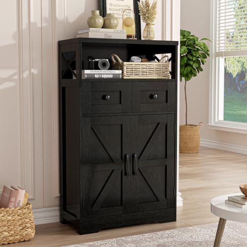 Black Farmhouse Kitchen Pantry Cabinet With Doors and Shelves, Coffee Bar Storage, Freestanding Floor Hutch Cupboard for Kitchen, Laundry, Living Room - color: Black