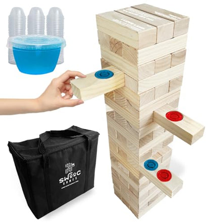 SWOOC Games - Giant Tower Party Game with Hidden Jello - Includes Disposable Cups, Lids & Carrying Case - Stacks up to 5ft - Topple Game for Adults - Giant Outdoor Games - Jumbo Block Fun - style: Giant Tower Party Game with 104 Cups