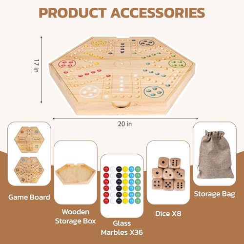 20inch Wahoo Board Game,2 In 1 Marble Board Game with Storage box for 4 or 6 Players,Large Size Fast Track Board Game with 36 Glass Marbles,8 Dice,Storage Bag and Instruction Manual,Classic Board Game