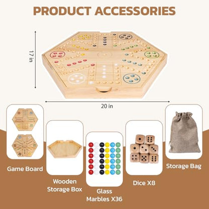 20inch Wahoo Board Game,2 In 1 Marble Board Game with Storage box for 4 or 6 Players,Large Size Fast Track Board Game with 36 Glass Marbles,8 Dice,Storage Bag and Instruction Manual,Classic Board Game