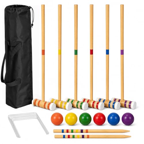 6-Player Wooden Croquet Set with Carry Bag, Includes 6 Mallets, 6 Colored Balls, 2 Stakes & 9 Wickets, Portable Outdoor Lawn Game for Backyard, Garden, Camping, Park & Group Gatherings