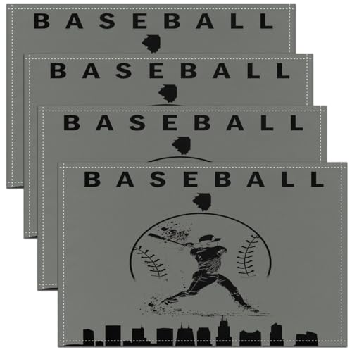 Erosebridal Baseball Placemats Set of 4 Sports Games Place Mat Softball Placement Mats Athlete City Silhouette Table Mats for Dining Table Setting, Grey Black - color: Grey Black