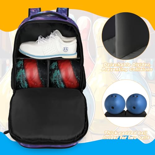 Goloni 2 Ball Bowling Backpack,Bowling Ball Bag with Shoe Compartment & Portective Foam Padded, Fits Shoes Up to US Size 16 - color: Purple Camo