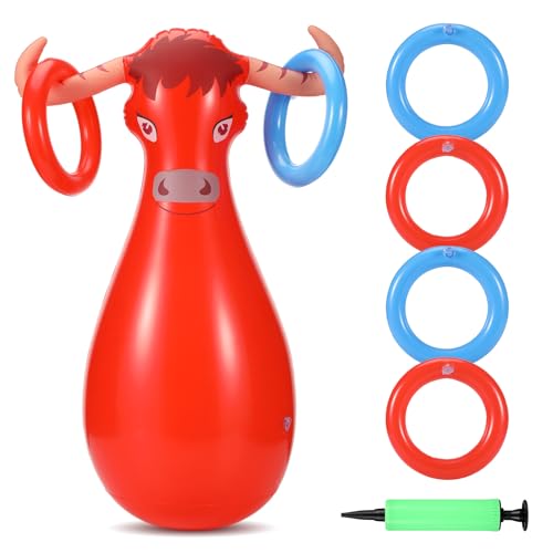 Arrowbash Inflatable Bull Ring Toss Game Set Include Inflatable Bull 6 Rings Farm Theme Party Supplies for Fiesta Rodeo Party Pool Beach Decoration