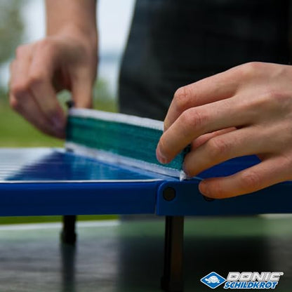 Donic-Schildkröt 838576 Mini Table Tennis Table Top Complete Set with 2 Bats and 1 Ball Foldable Plate – Briefcase Size – Blue Plate Dimensions 68 x 33 x 9 cm
