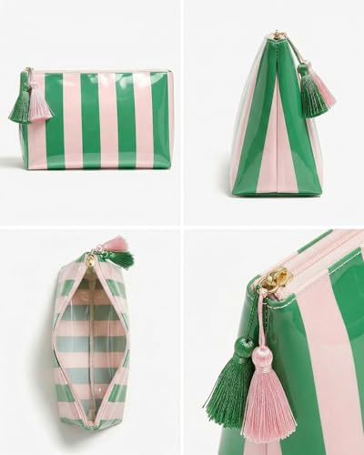 LETGO Green Pink Striped Waterproof PVC Beach Makeup Bag with Tassel Zipper, Large Preppy Coastal Summer Beach Vacation Travel Toiletry Cosmetic Pouch for Women(Green Pink) - color: Green Pink