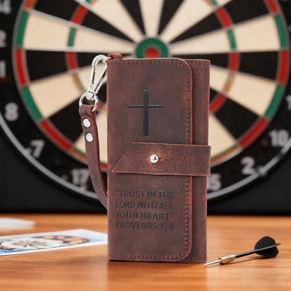 lotoo Leather Dart Case for Soft Tip Darts, Cross with Bible Verse Holds 3 Darts Storage for Tips, Shafts, Flights