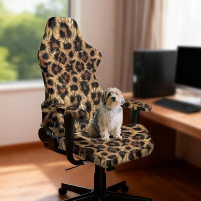 Suobstales Brown Leopard Pattern Gaming Chair Covers, Stretchable Computer Chair Cover Ergonomic Office Chair Cover Anti Cat Scratch Protection Computer Chair Slipcovers, Anti-Slip Racing Chair Covers - color: Brown Leopard