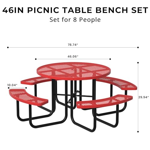 All-Weather Round Outdoor Picnic Table, Commercial Picnic Table Bench Set with Umbrella Hole, Thermoplastic Coated Metal Dining Tables for School, Stores, Park, Patio, Yard, Red - color: Red
