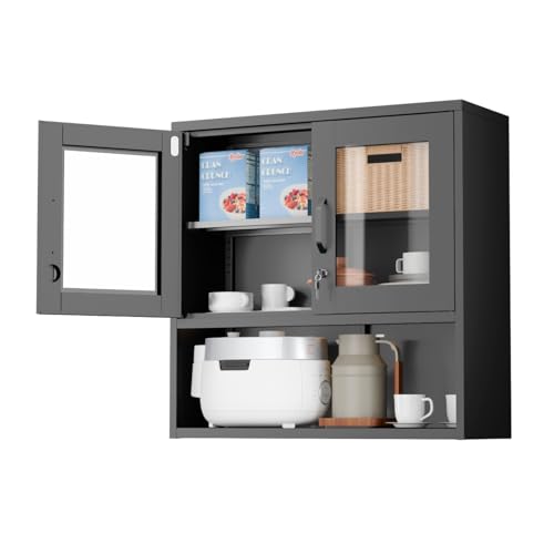 VINGLI Metal Wall Cabinet with Locking Glass Doors, Adjustable Shelf, Wall Mounted Storage Display Cabinets for Garage, Kitchen, Home Office, Warehouse, Living Room, Black - color: Black, size: Glass Door Wall Cabinet