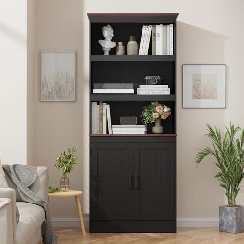 MHOM 71" Tall Bookshelf with Doors, 5 Tiers Farmhouse Bookcase with Adjustable Shelves, Wooden Rustic Display Cabinet for Home Office, Living Room, Black